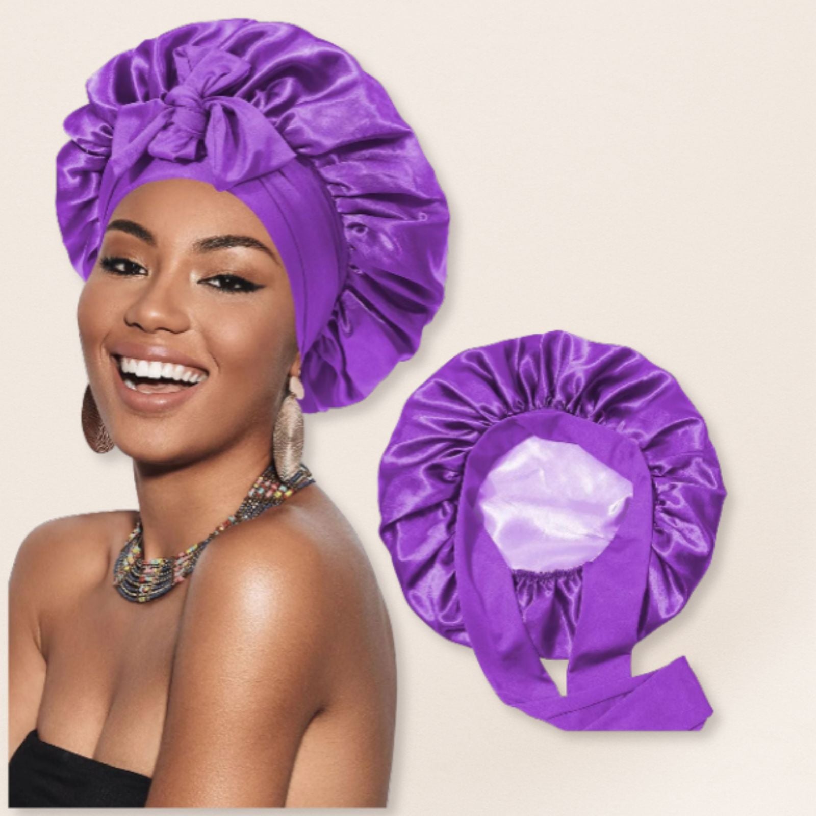 Woman wearing a purple satin bonnet with another one displayed below on a beige background