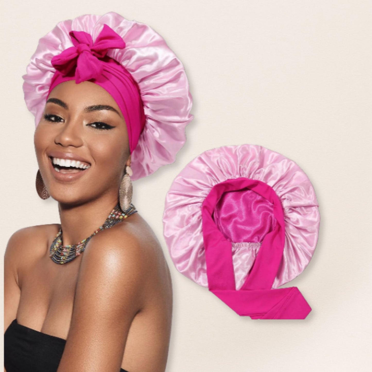 Woman wearing a pink satin bonnet with a matching headband, on a beige background.