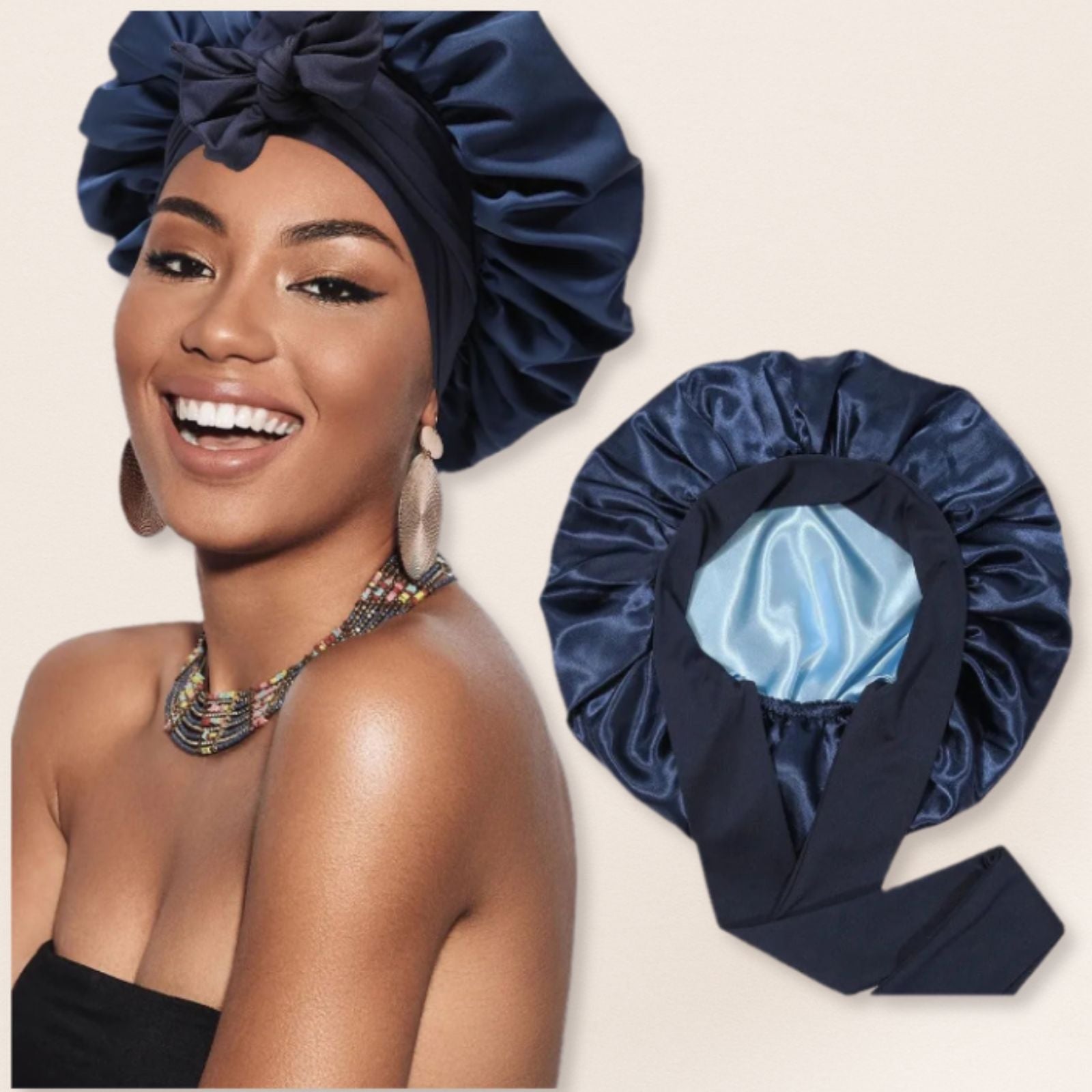Woman wearing a navy satin head wrap on a beige background