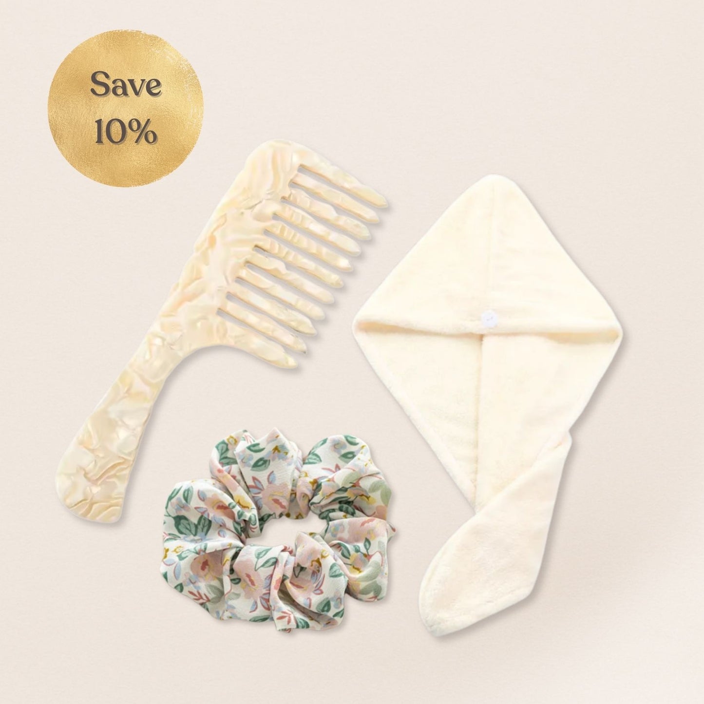 Set of hair accessories including a comb, scrunchie, and headband on a light background with a 'Save 10%' label.