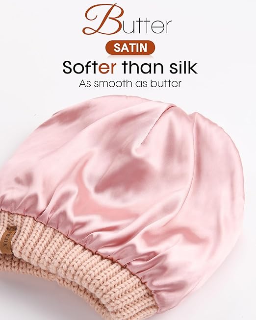 FURTALK Satin-Lined Winter Beanie — Protective, Anti-Breakage Knit Hat for Fine & Thin Hair