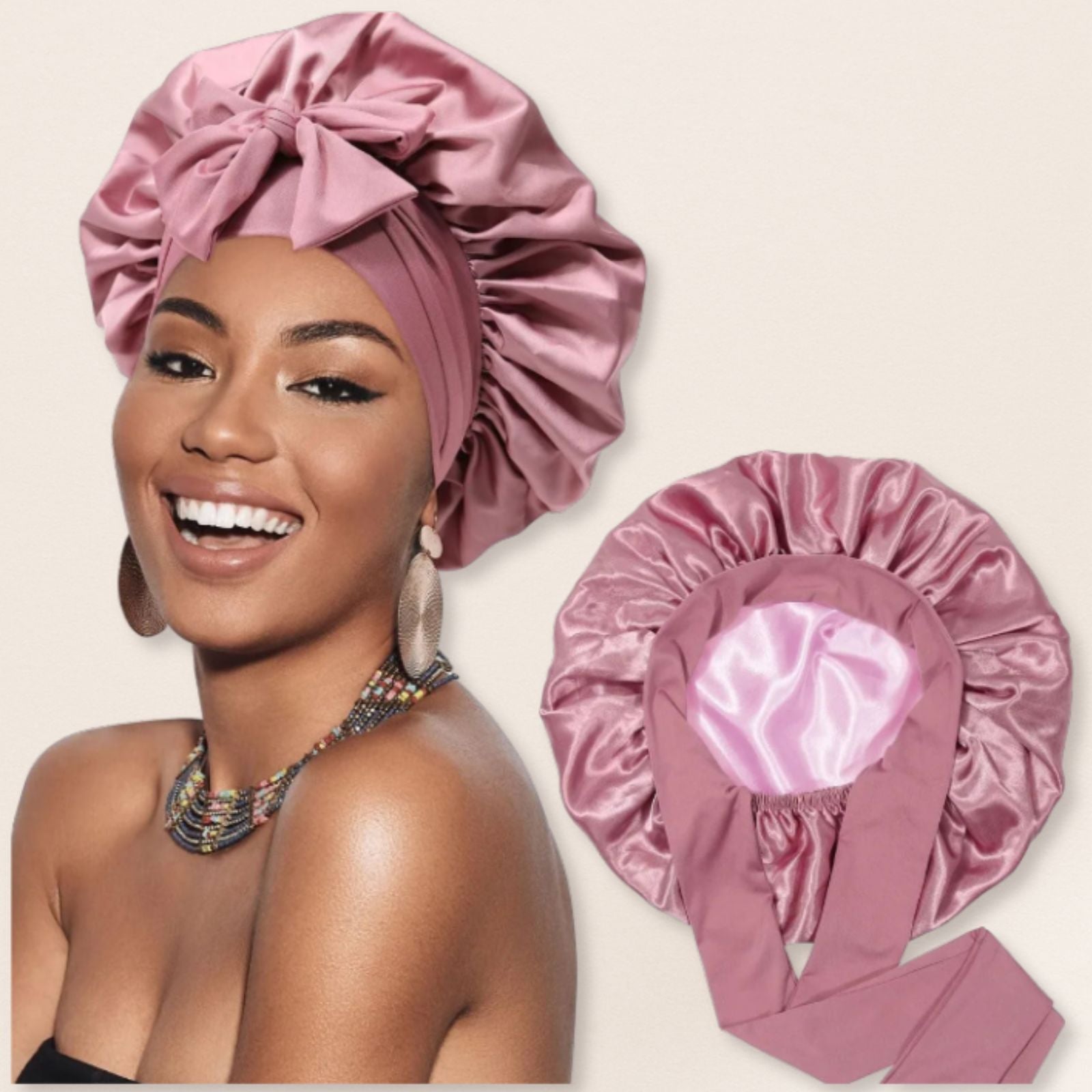 Woman wearing a pink satin bonnet on a beige background