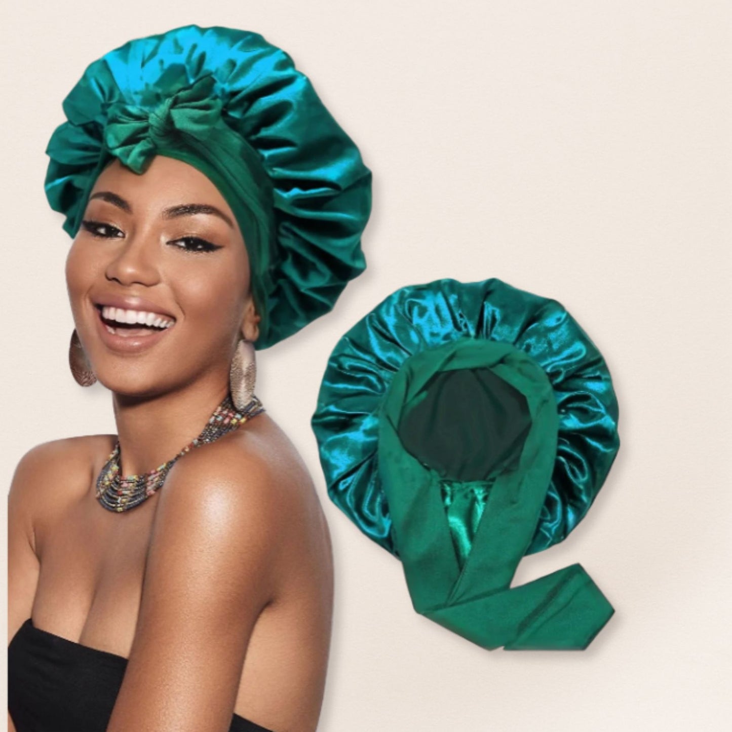 Woman wearing a green satin bonnet with another one displayed on a beige background