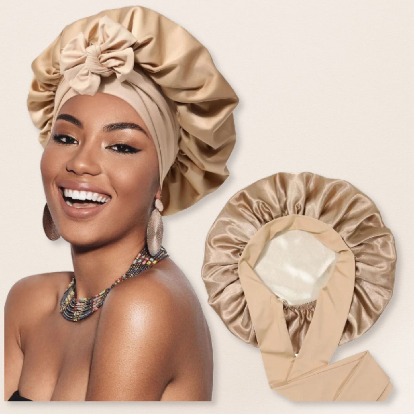 Woman wearing a beige satin bonnet with a close-up of the bonnet on a beige background