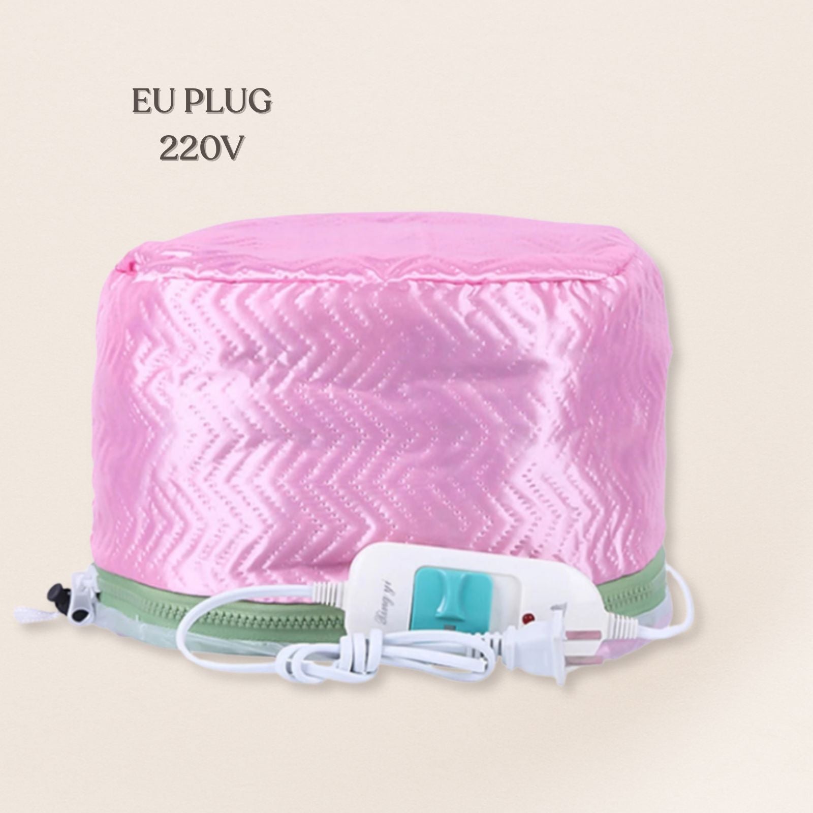 Pink heating pad with a power cord on a beige background, labeled 'EU Plug 220V'.