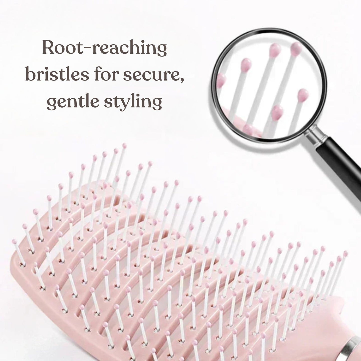 Pink hairbrush for fine hair with magnified view of bristles and text 'Root-reaching bristles for secure, gentle styling' on a white background.
