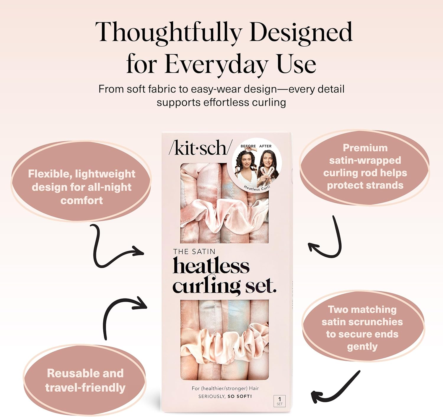 Kitsch Satin Heatless Curling Set – Overnight Curls Without Heat (Headband + Scrunchies) for Fine & Thin Hair