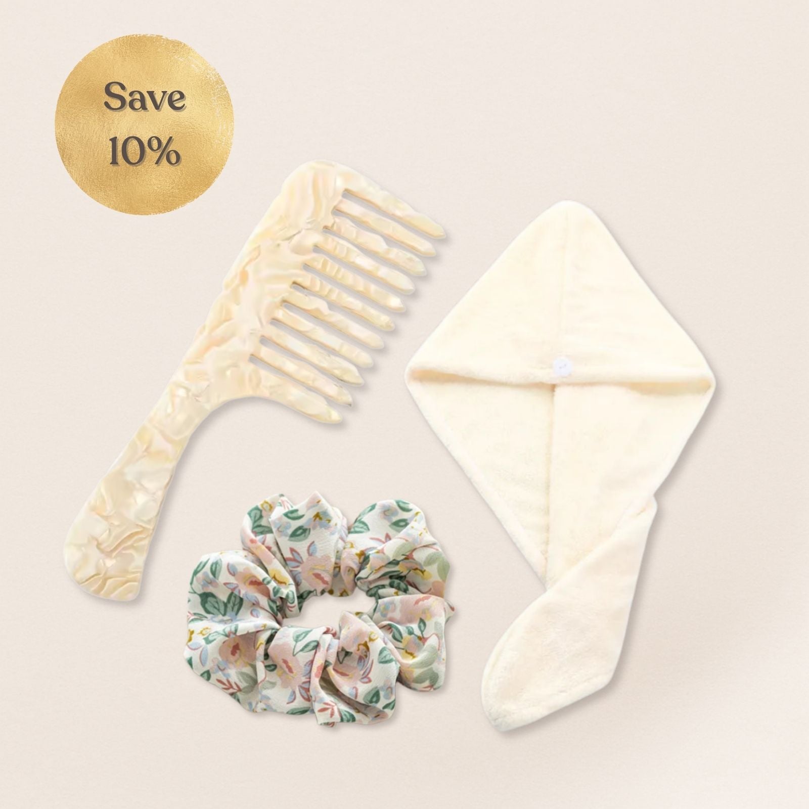 Set of hair accessories including a comb, scrunchie, and headband on a light background with a 'Save 10%' label.