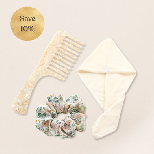 Set of hair accessories including a comb, scrunchie, and headband on a light background with a 'Save 10%' label.